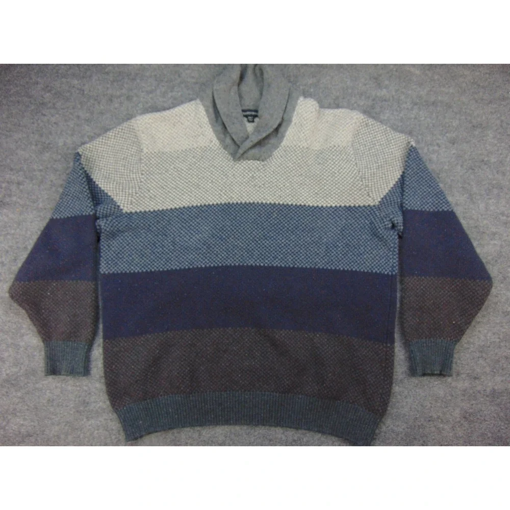 Tricots St Raphael Sweater Mens 2XL Shawl Collar Blue Gray Striped Grandpacore